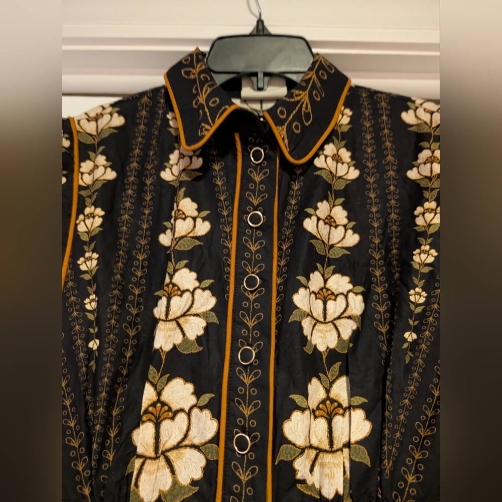 FARM Rio Black Floral Long-Sleeve Button Dress with Gold and Cream Accents - Picture 5 of 12